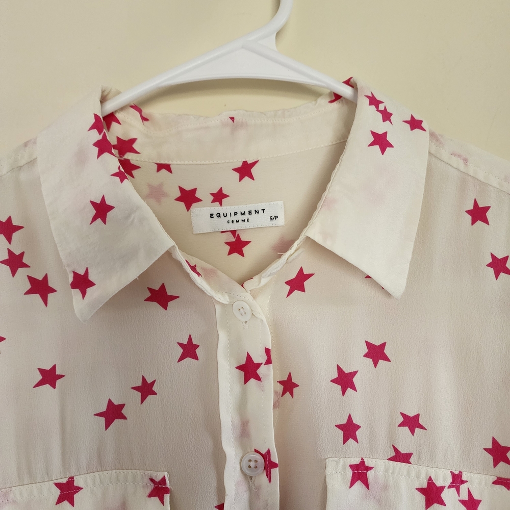 EQUIPMENT Slim Signature Silk Star Print Shirt White/Pink Size Small - Picture 6 of 13